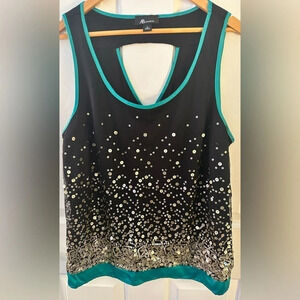 AB Studio Sleeveless Top Black w Gold Sequence and Green Silk like Trim Size XL